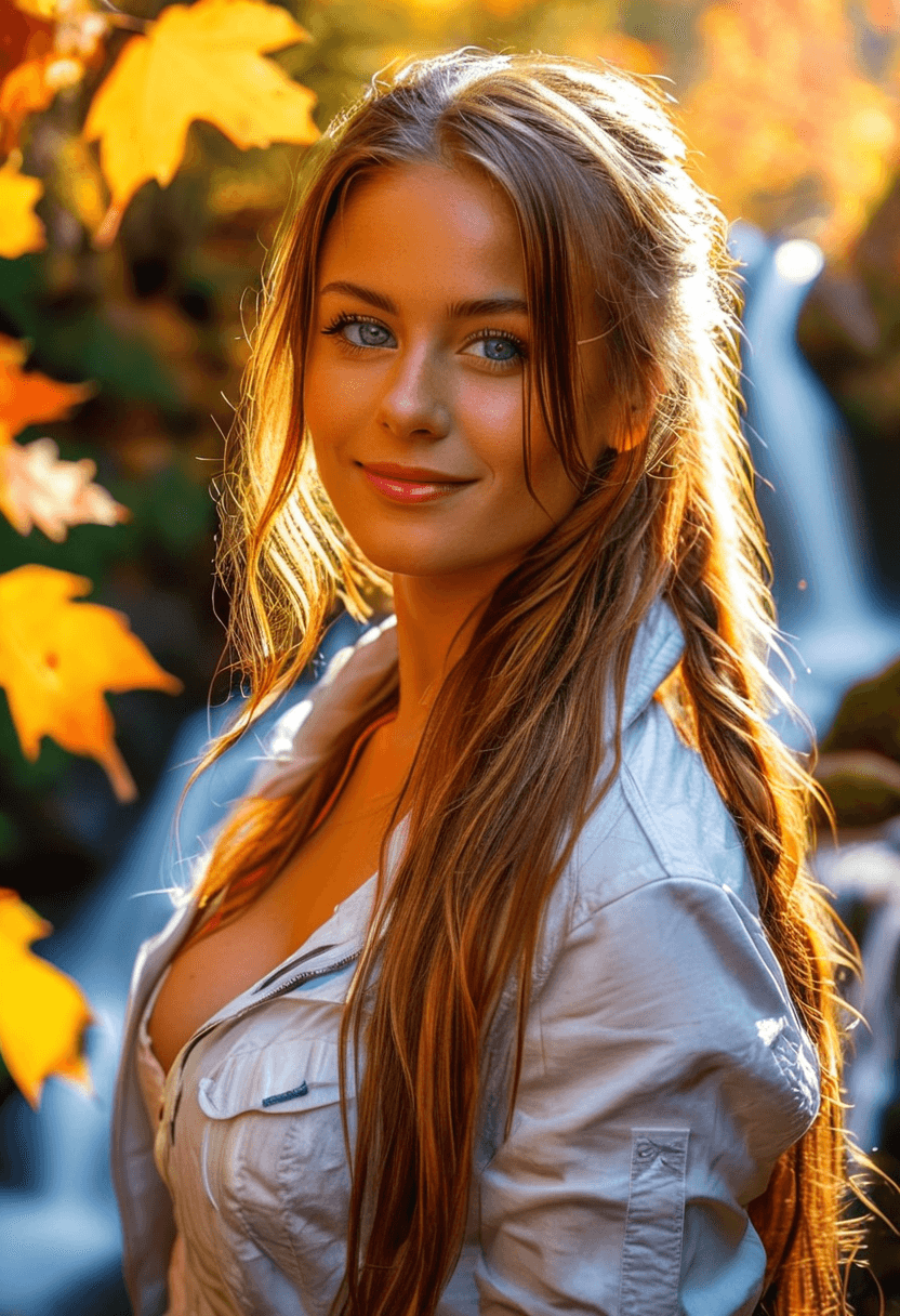 AI generated: HDR photo of beautiful woman, happy and smiling, long bronze hair in a ponytail, light-blue eyes, fa...