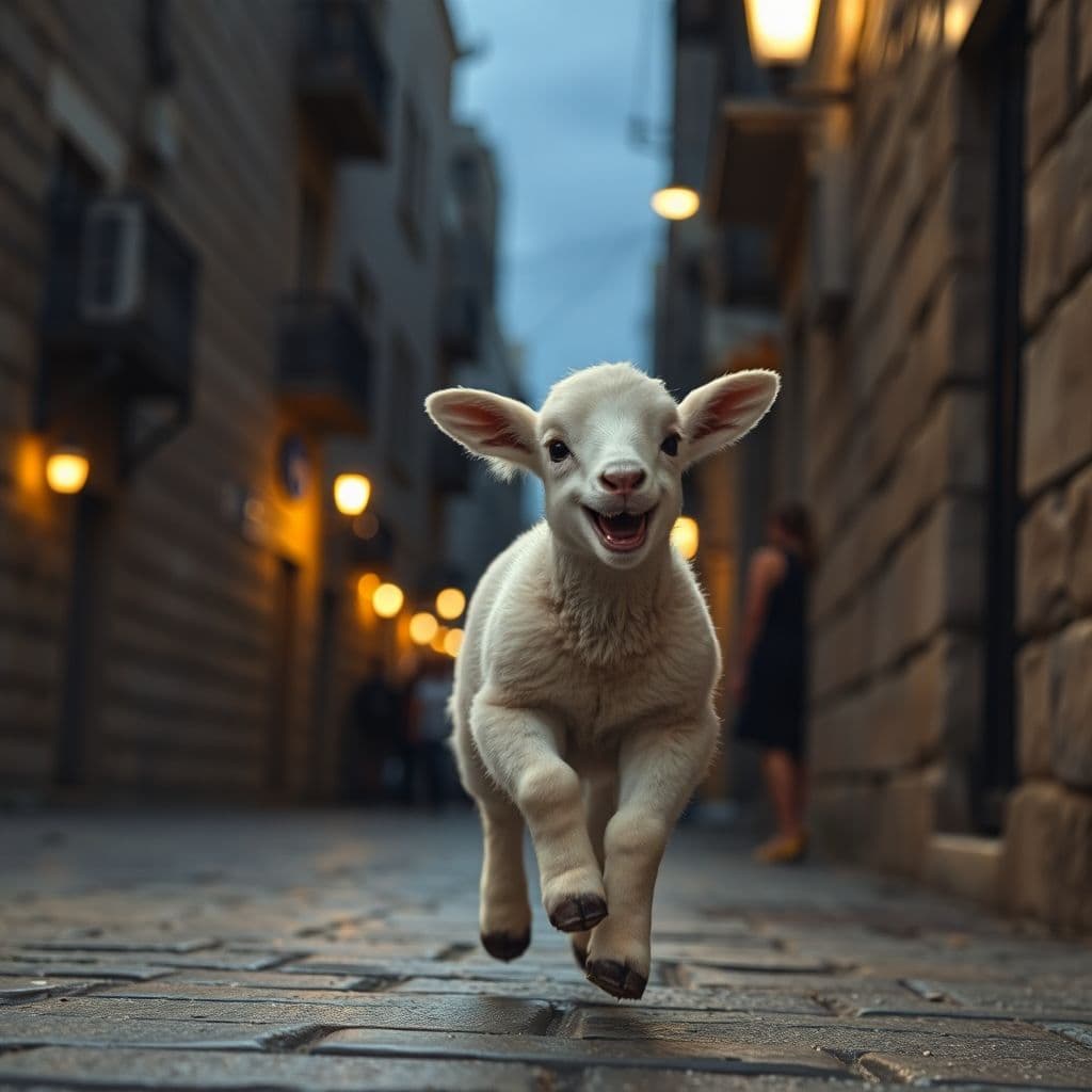 AI generated: a baby lamb running and laughing, streets of jerusalem, dark lights, cinematic, hyper realistic, det...