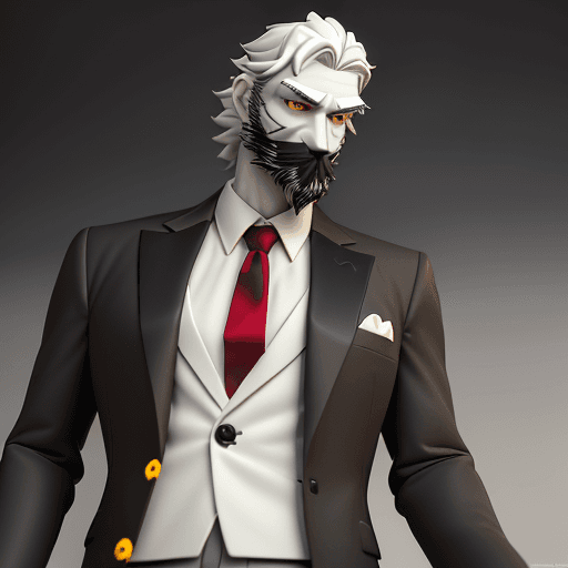 AI generated:  Mr. Wolf is a slim, tall grey brownish wolf with dark red eyes yellow sclerae and has thick black e...