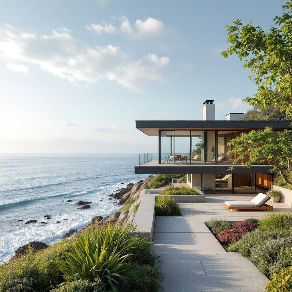 AI generated: Hyper realistic eye level exterior photo of a mid century modern style house overlooking the ocean, ...