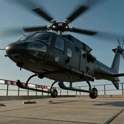 AI generated video: a helicopter takes off from a new york rooftop helipad. As we look up and see the helicopter fly awa...