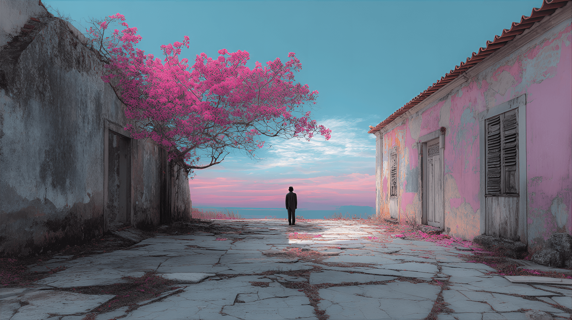 AI generated: The foreground is dominated by cracked, weathered stone tiles, suggesting an abandoned or ancient pl...