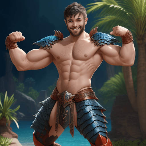AI generated: A dark short hair man, draconic armour, scruffy, scales, shirtless, bright oasis background, full bo...