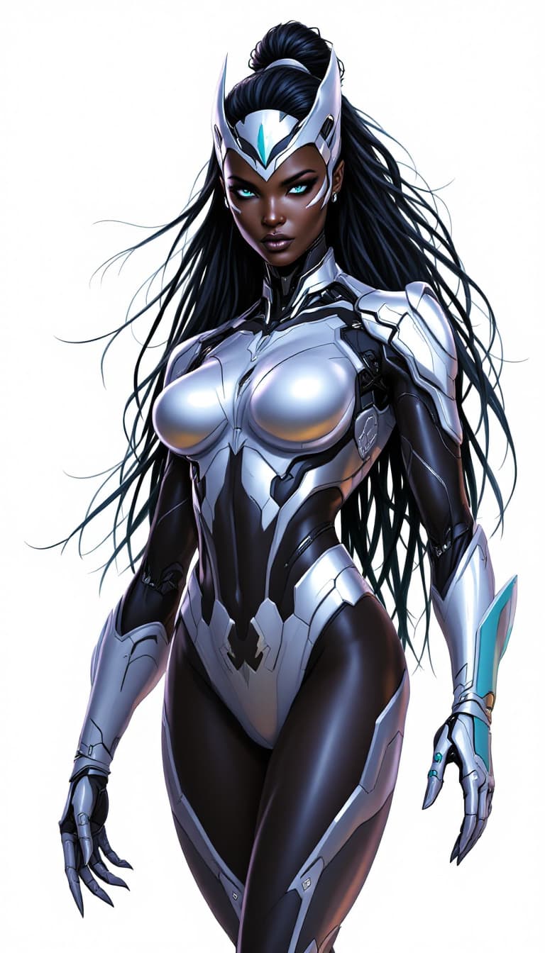 AI generated: A cybernetic female heroine with a sleek, ebony face, a masterful fusion of Storm, Black Panther, an...