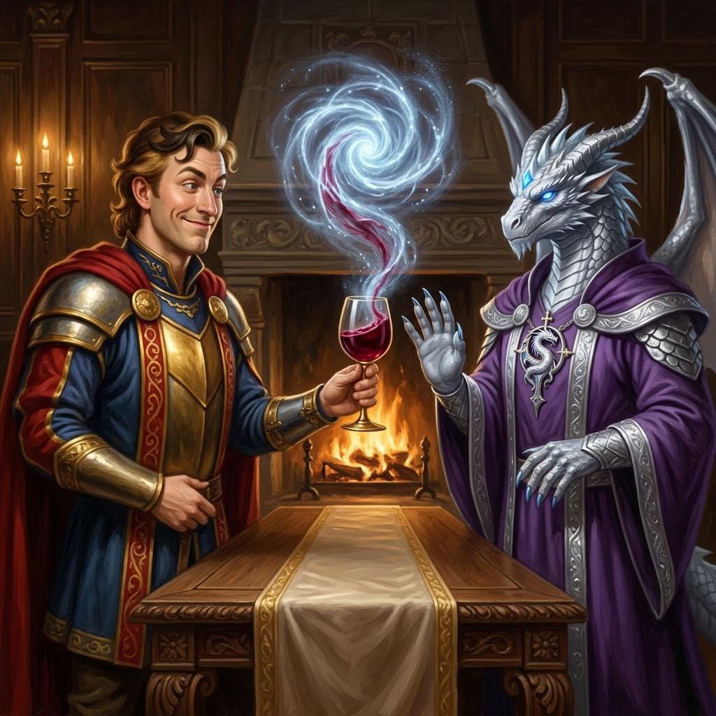 AI generated: a handsome and smug knight offering a glass of wine to a silver dragonborn wizard who politely refus...