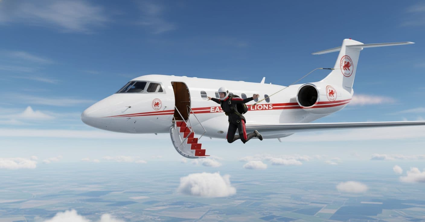 AI generated: woman with parachute back pack jumping from a Jet in the sky 