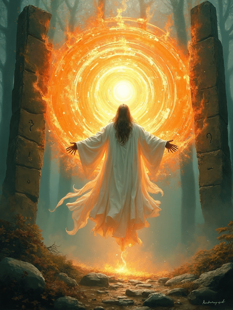 AI generated: An abstract, surreal painting of a hovering druid in an ancient forest clearing, surrounded by a glo...