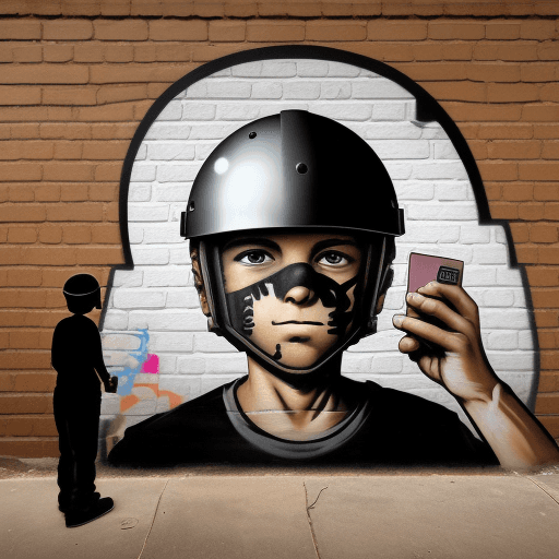 AI generated: graffiti art painting in Bansky style on a brick wall of young boy wearing a helmet staring at a bus...