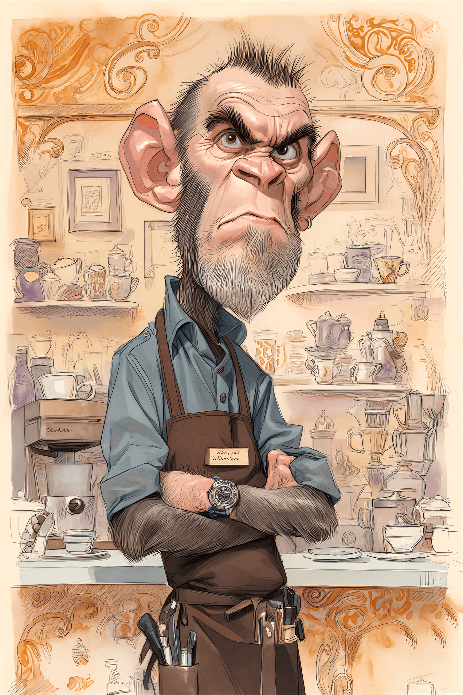 AI generated: funny caricature, capuchin monkey animal caricature, mature central-american male, 10 years old, agi...