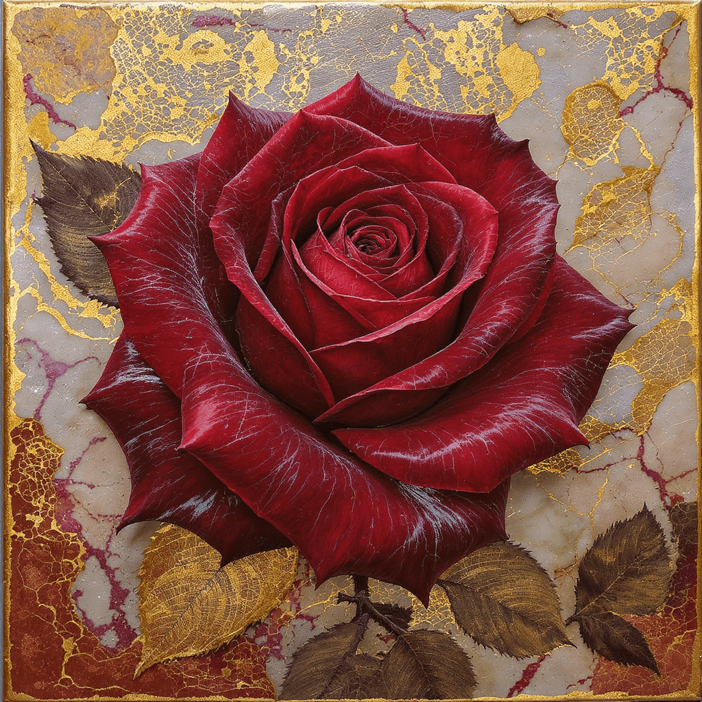 AI generated: A striking red rose, created with layers of hot pigmented wax in the encaustic wax style. Rich and t...