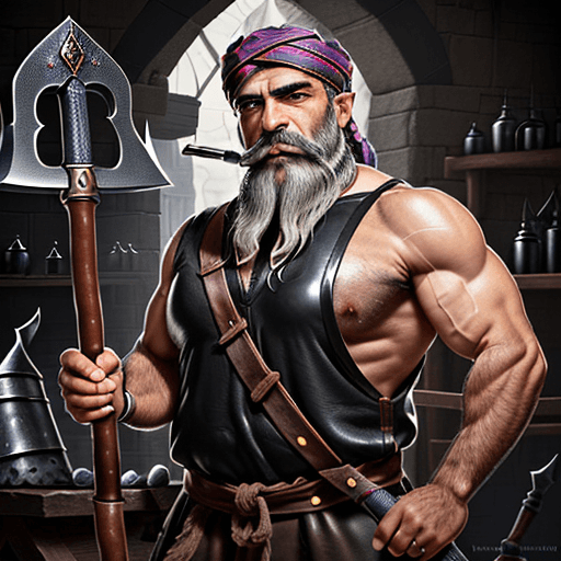 AI generated: Create a fantasy image of a strong, mythical, middle-aged Iranian man around 50 years old. He has a ...