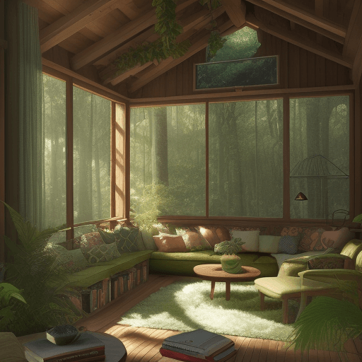 AI generated: cozy treehouse living room, architectural digest, female youth decoration , rendered in verdant blis...