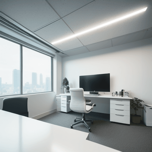 AI generated: photorealistic, perspective, office workstation, medium scale, post-modernism style, used camera is ...