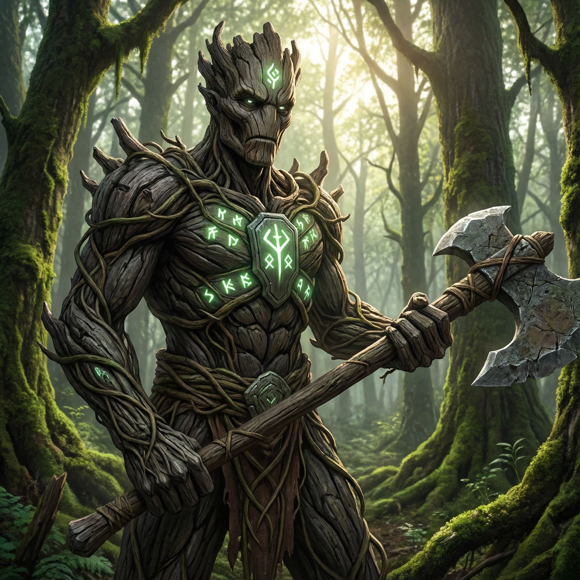 AI generated: male warforged barbarian, made of petrified wood and vines, wielding a great axe, glowing green sigi...