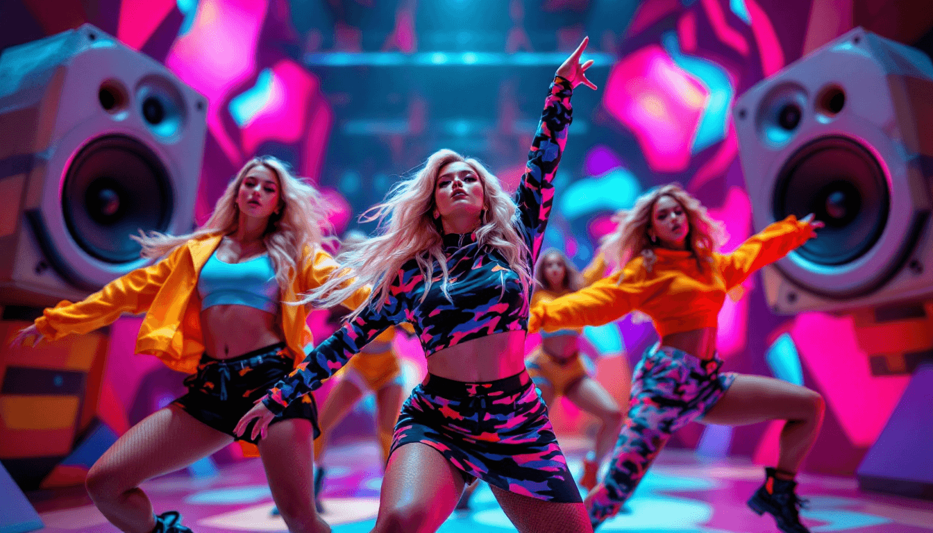 AI generated: Group of Stunning Curvy Blonde young Women, performing dynamic contemporary dance moves in a vibrant...
