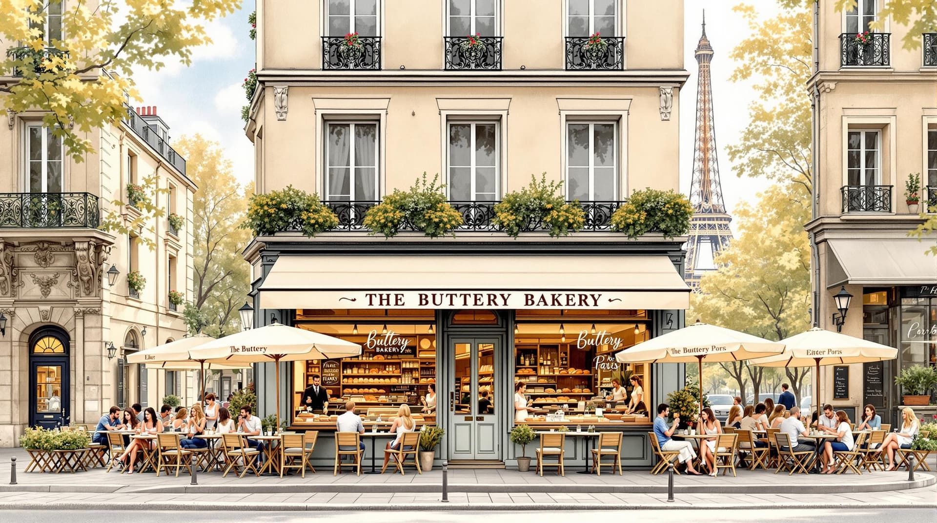 AI generated: The Buttery Bakery as if it’s being in the city of Paris between buildings, you can draw a watercolo...