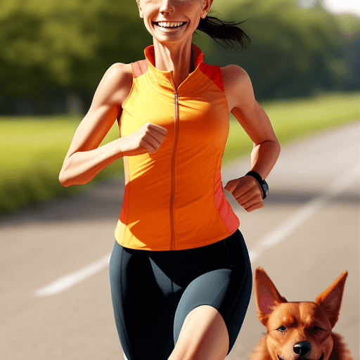 AI generated: running woman, dog, happy face. small head
