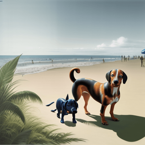 AI generated: Hyper-realistic eye-level outdoor shot of painted dachund dog on beach, daylight, indirect lighting,...