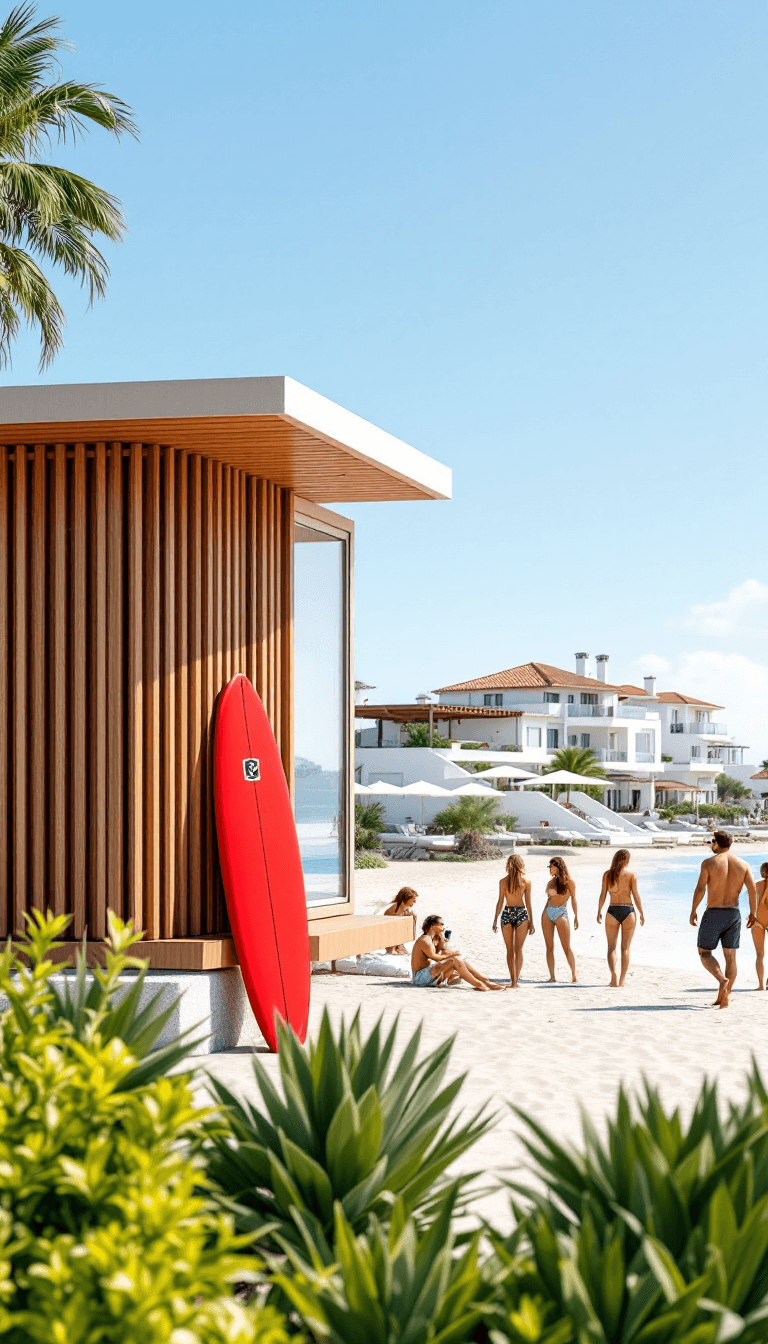 AI generated: A high-quality vertical rendering of a modern coastal lifeguard station with sleek wooden slats and ...