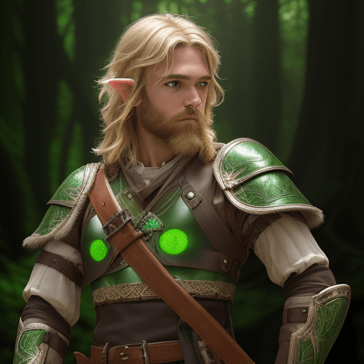 AI generated: high detailed professional upper body photo of a young half-elf archer with shaggy blonde beard and ...