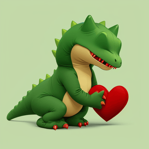 AI generated: draw a cute green dinosaur in a red cat suit with a heart in his hands in a minimalist style