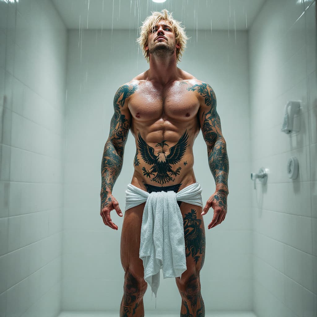 AI generated: Distant view, full body view head to toe, tall toned jock, blue eyes, wavy blond messy hair, lots of...