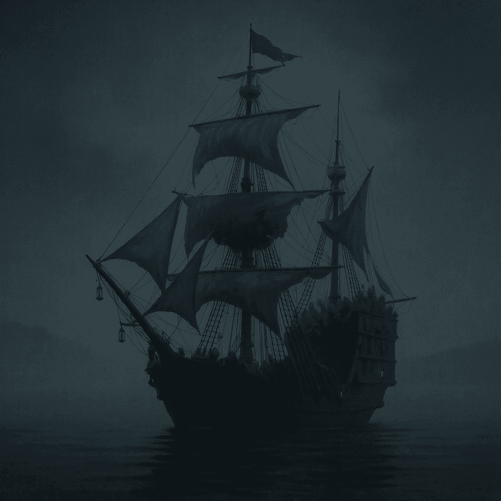 AI generated: A ghostly ship sailing on a lake of mist, lanterns hanging from its masts, crewed by skeletons singi...