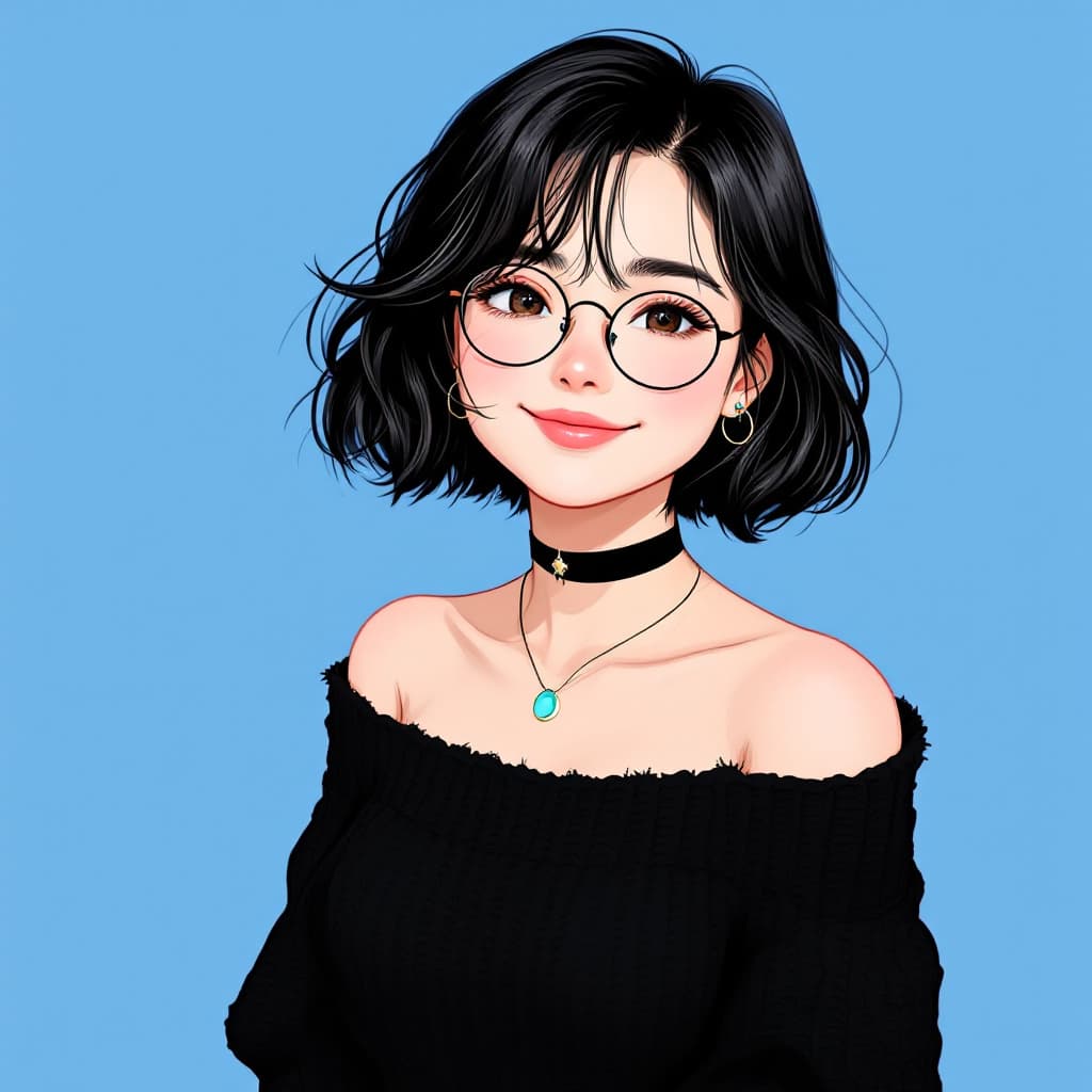 AI generated: a Japanese girl, thick eyebrows, , short black wavy hair with long bangs, wearing a black knitted of...