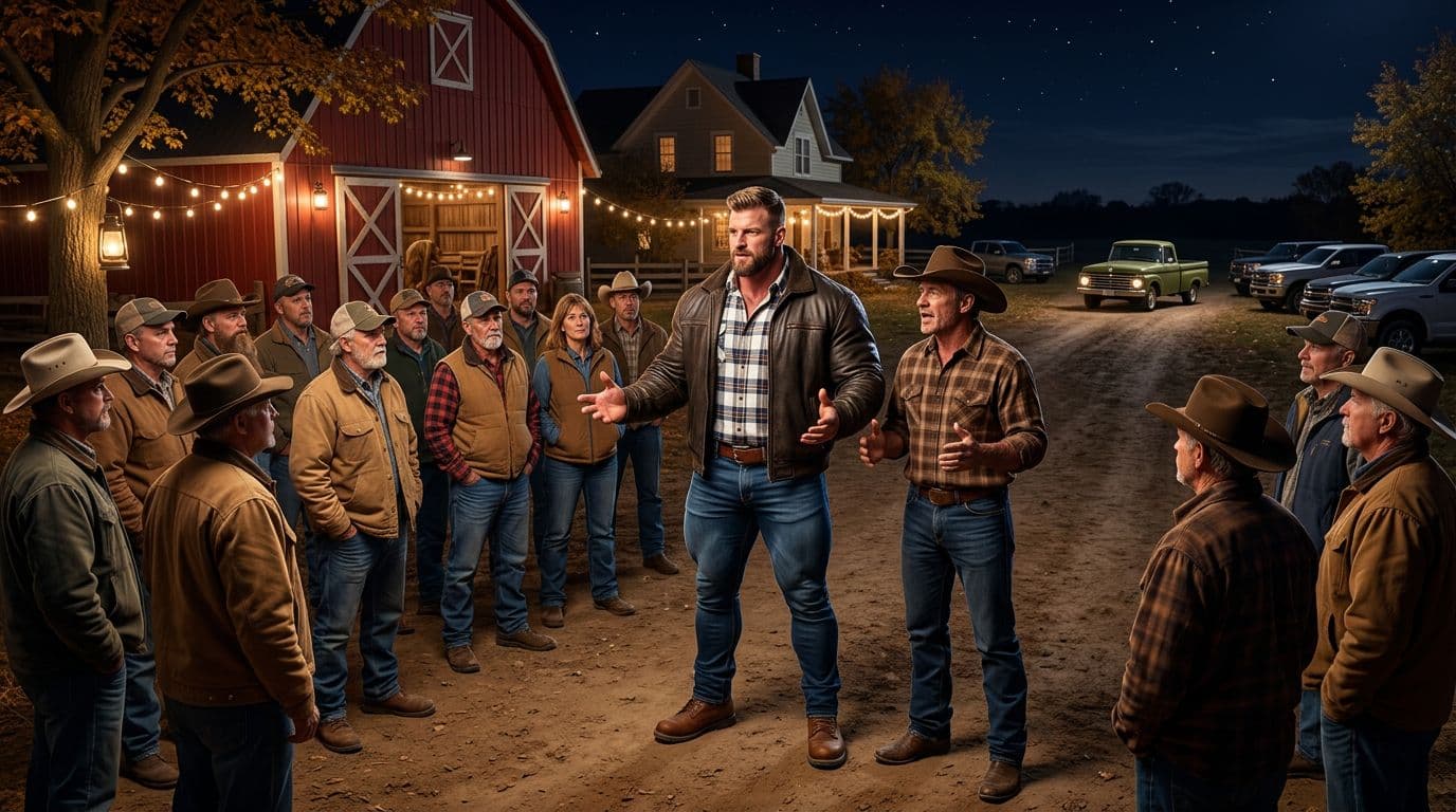 AI generated: In an Autumn night at a ranch. The vintage olive green Ford pick up truck is parked between other mo...