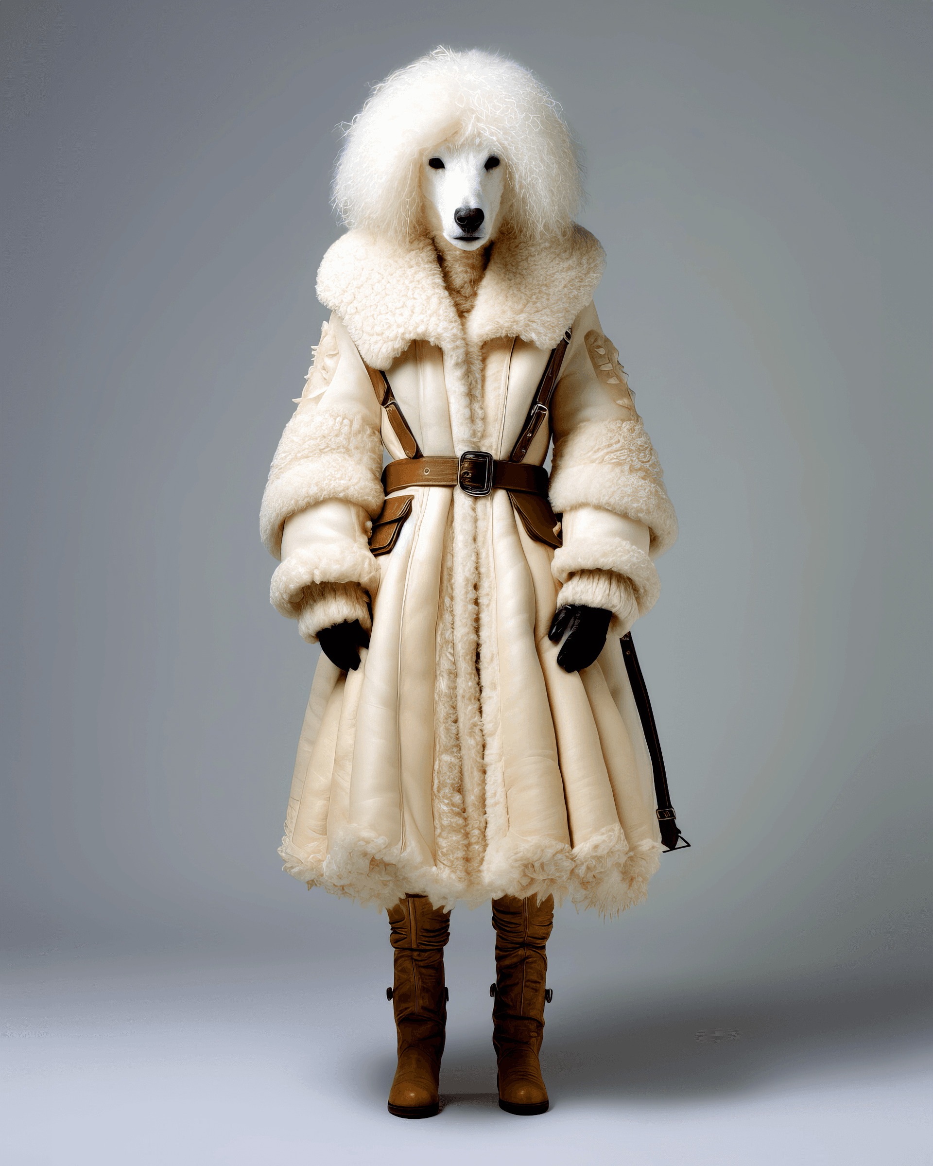 AI generated: fall 2017 paris fashion week, in the style of irving penn, ivory, poodlepunk, 1860–1969, leather/hid...