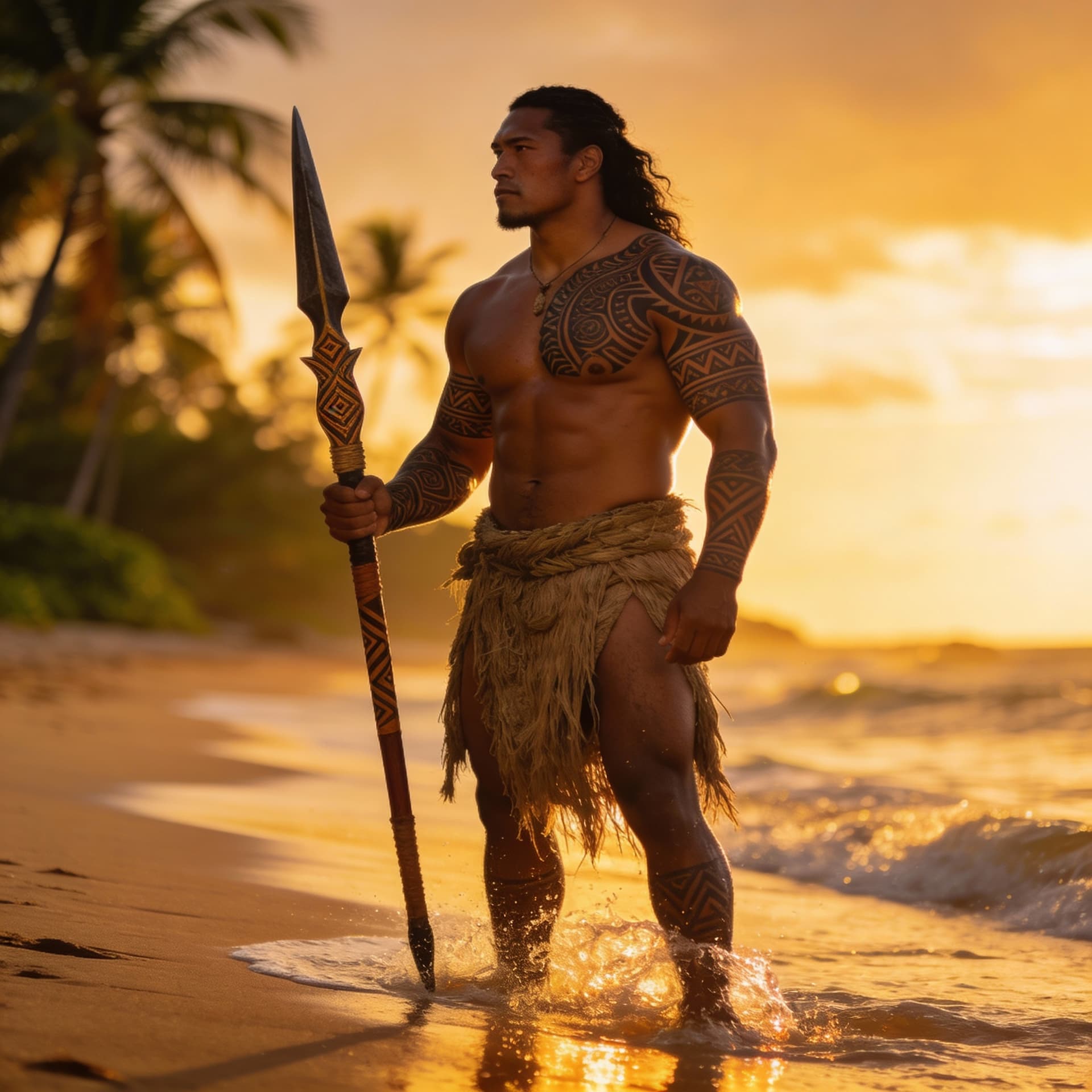 AI generated: Ultra-realistic photograph of a Polynesian warrior standing on a tropical beach at sunset.
He wears ...