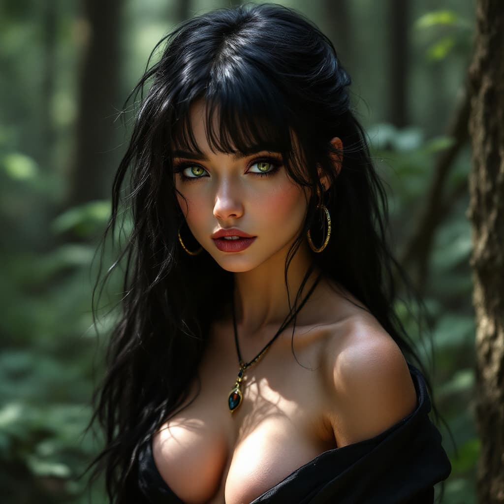 AI generated: gril, black hair, green eyes, dress with huge low-cut, in forest