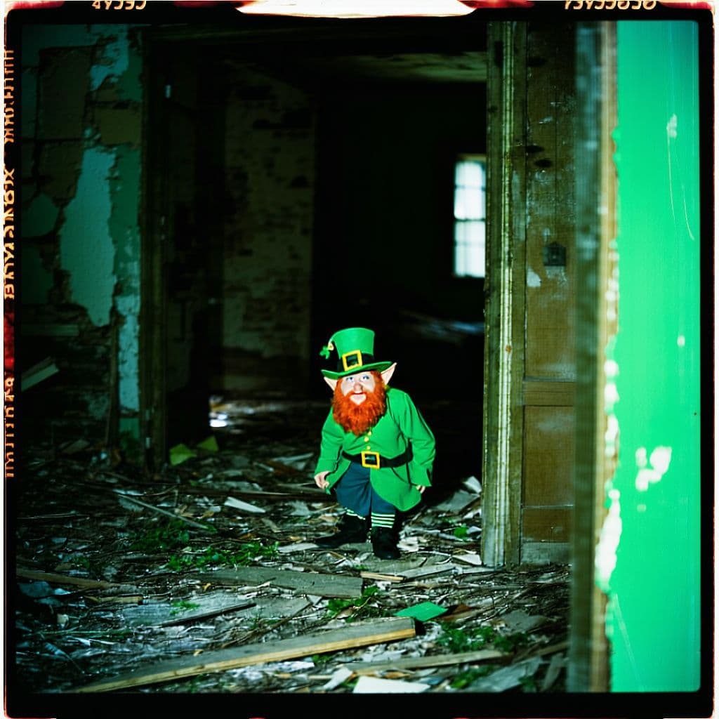AI generated: grainy 80's photograph quality polaroid of a leprechaun caught in an abandoned house, dark