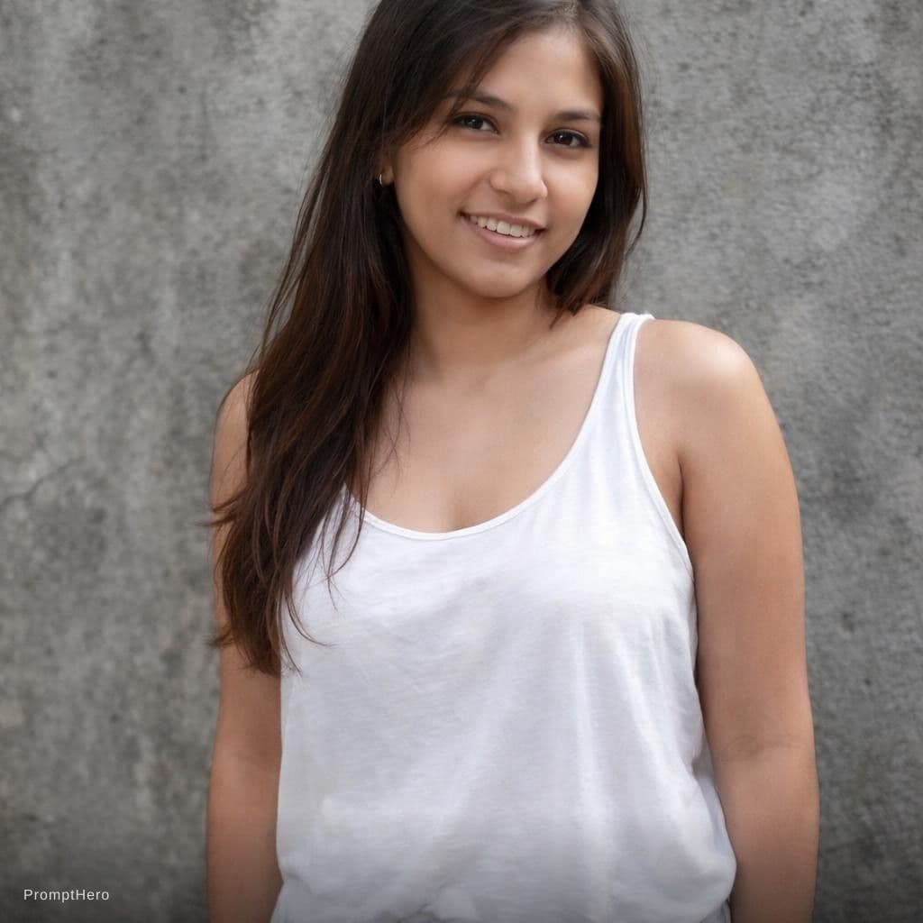 AI generated: A woman with long brunette hair and fair skin is captured in a candid moment. She's wearing a very l...