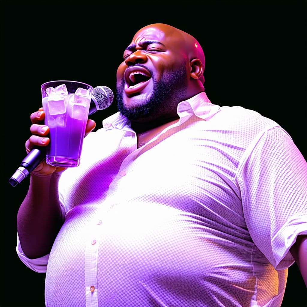 AI generated: very fat, obese, massive, bald black man in the world holding a cup of purple drink with ice cubes, ...