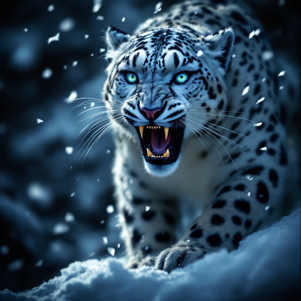 AI generated: snow leopard growling,
dramatic lighting
