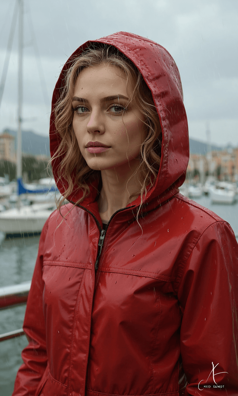 AI generated: a woman in a red raincoat covered till neck standing in the rain in la croisette of Cannes, wet hair...