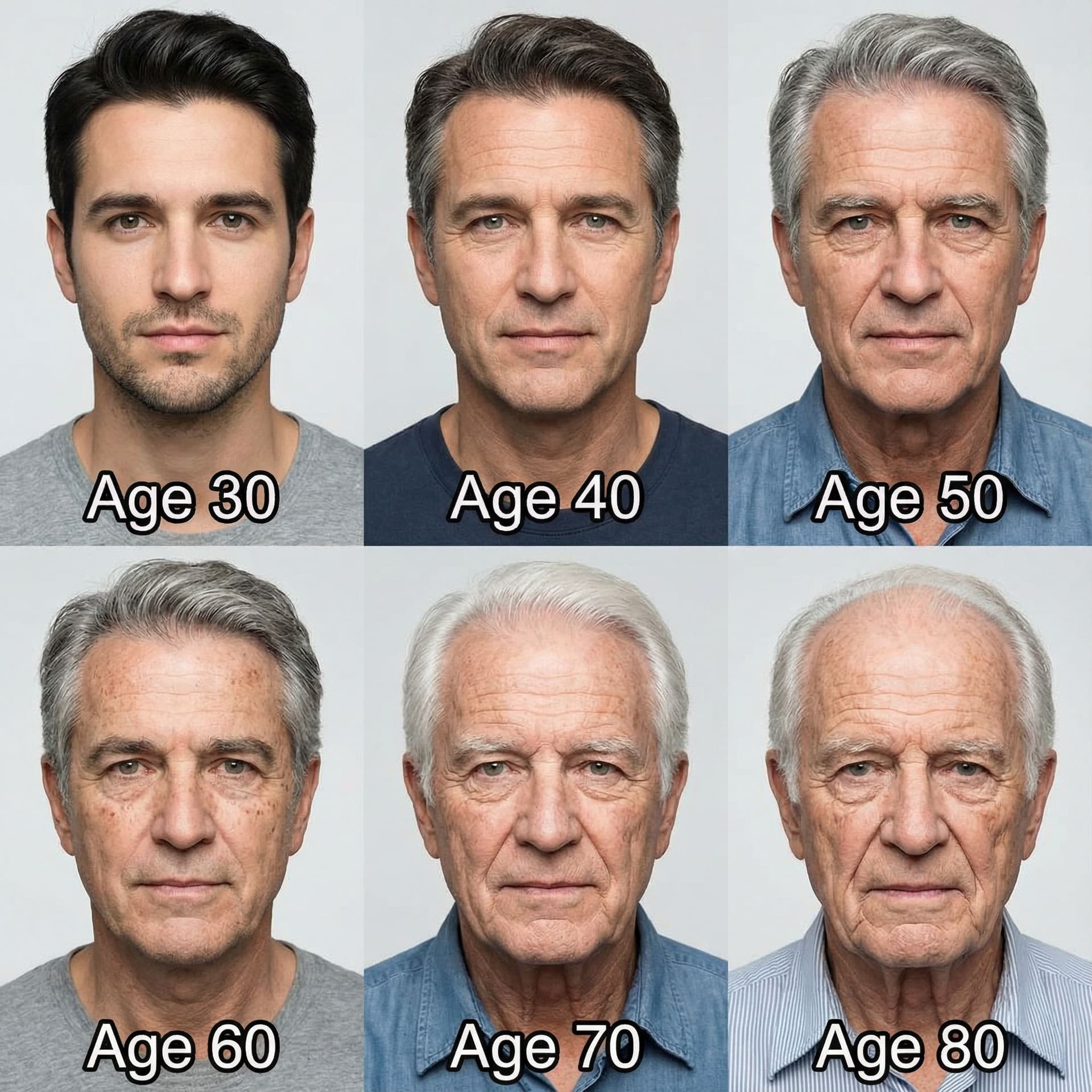 AI generated: Show this person at ages 30, 40, 50, 60, 70, and 80