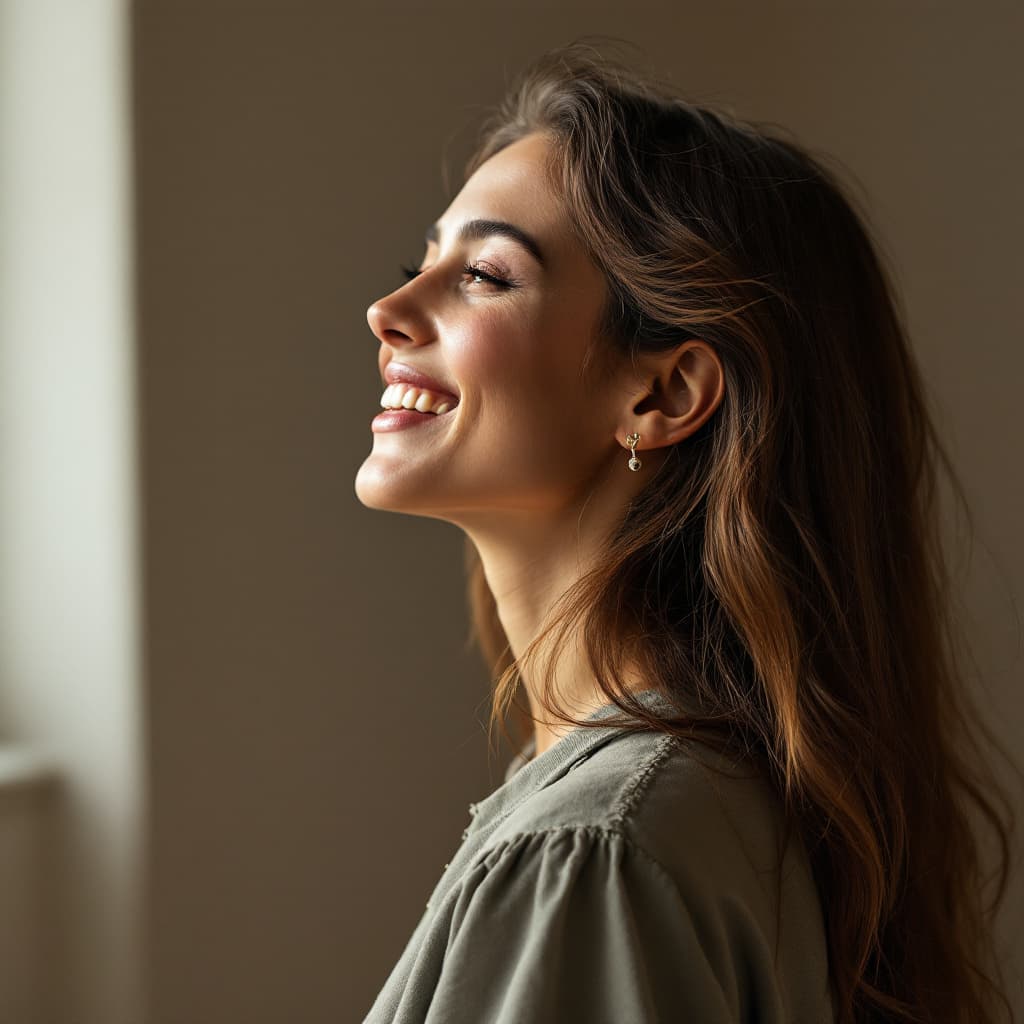 AI generated: profile de femme style bohème, long cheveux cendré, avec un large sourire, comme si elle éclatait de...