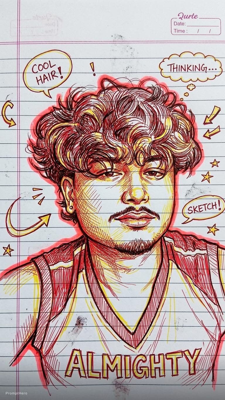 AI generated: Generate a hand-drawn portrait illustration in red and yellow pen on Notebook paper,inspired by dood...