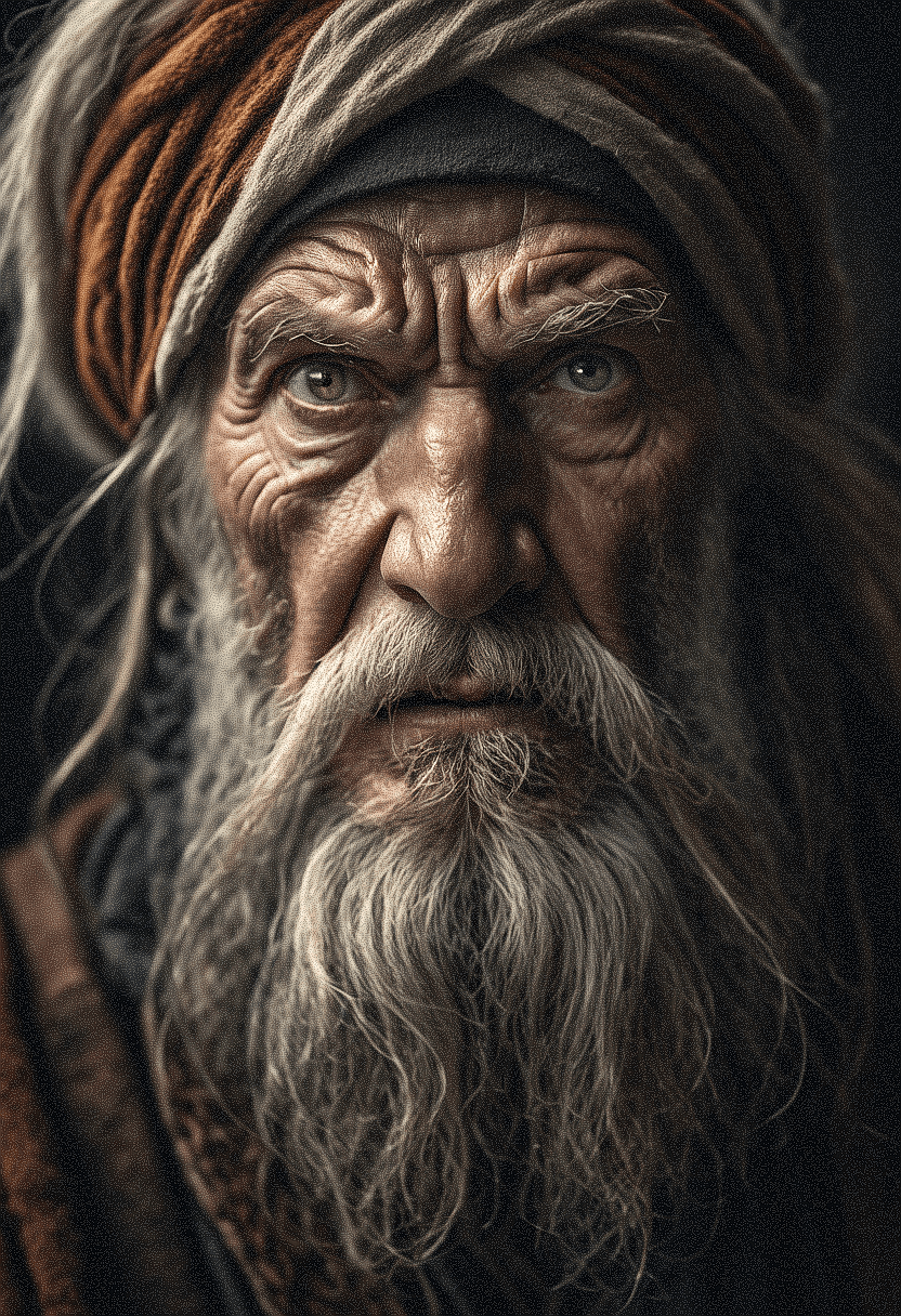 AI generated: The image features an older man, a long white beard and mustache, wearing turban, He has a stern exp...