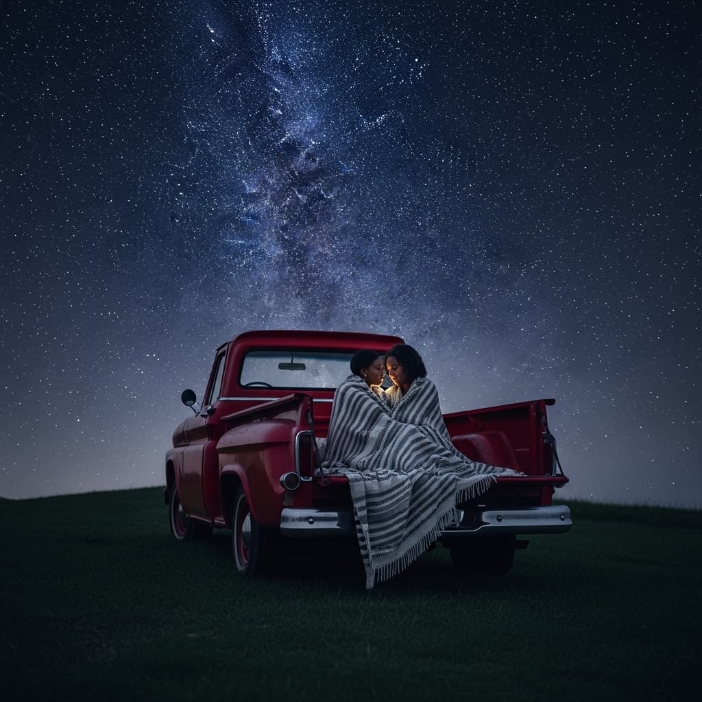 AI generated: A nostalgic scene featuring a weathered red pickup truck parked atop a tranquil grassy hill under a ...