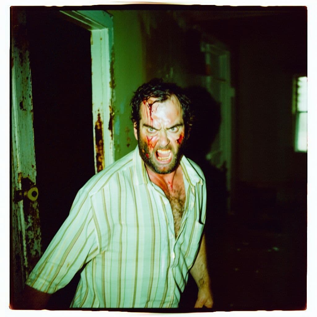 AI generated: grainy 80's photograph quality polaroid of the angriest and creepiest man caught in an abandoned hou...