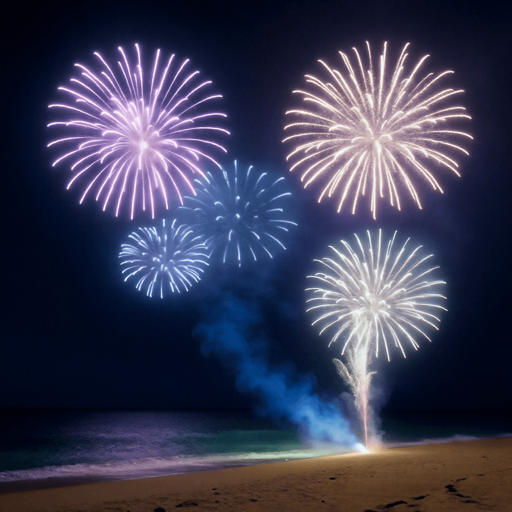AI generated: A firework display overlooking a beach, Lite-Brite Effect Style

