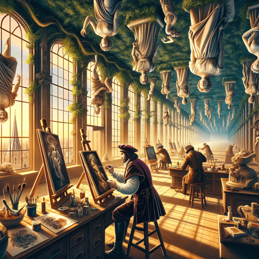 AI generated: Imagine a Renaissance painter's studio in an inverted world. Canvases float like magic as the artist...