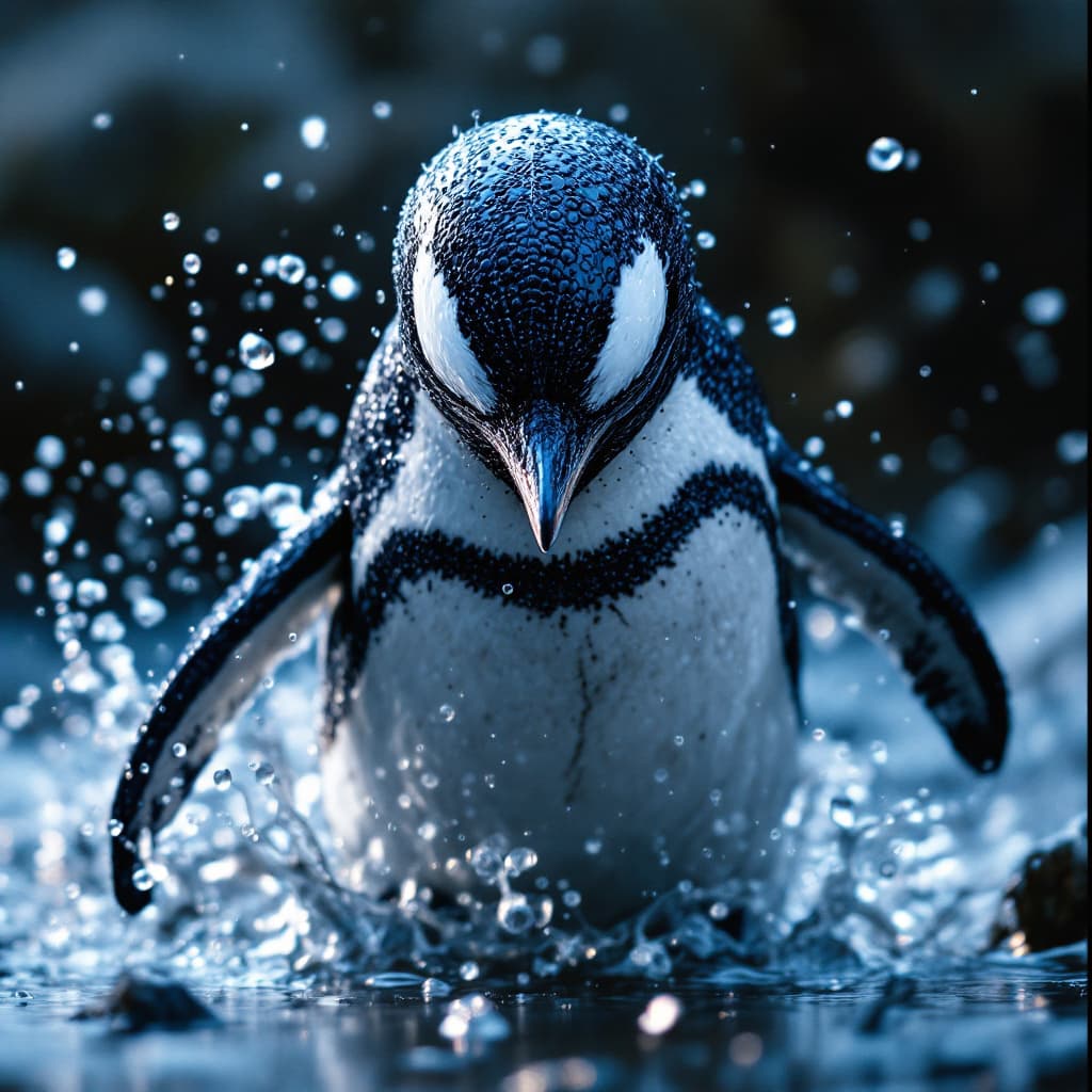 AI generated: a gentoo penguin taken as host by Venom the symbiote, realistic, hd texture, escaping from a predato...