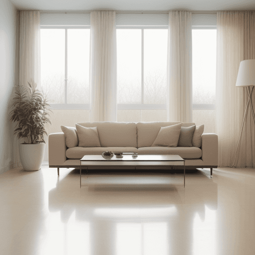 AI generated: Photograph, contemporary living room, soft light of morning, integration of beige flooring and matte...