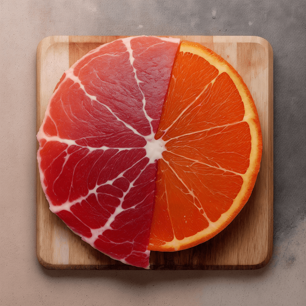 AI generated: 


an orange slice as a raw meat ,a  piece of meat ,raw,meat texture
