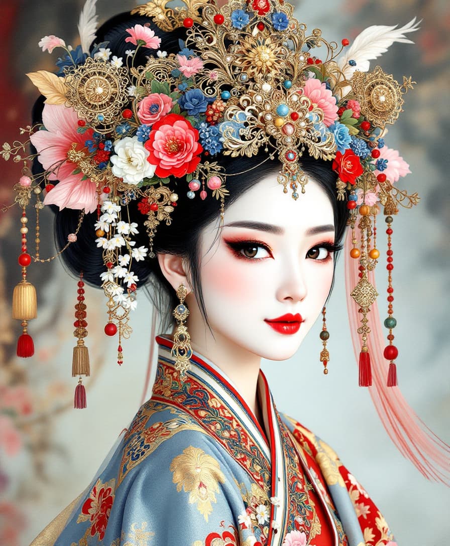 AI generated: an illustration depicts a Chinese opera actress with black eyes, in traditional attire, featuring an...