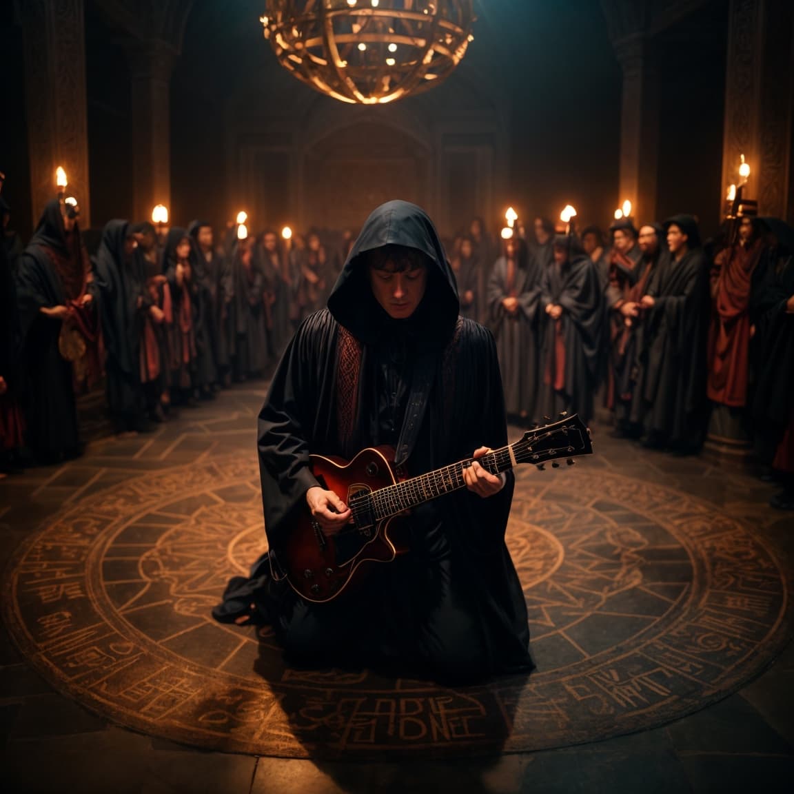 AI generated: Angus young playing guitar Within a dimly illuminated sanctum, worshippers form a circle around an i...
